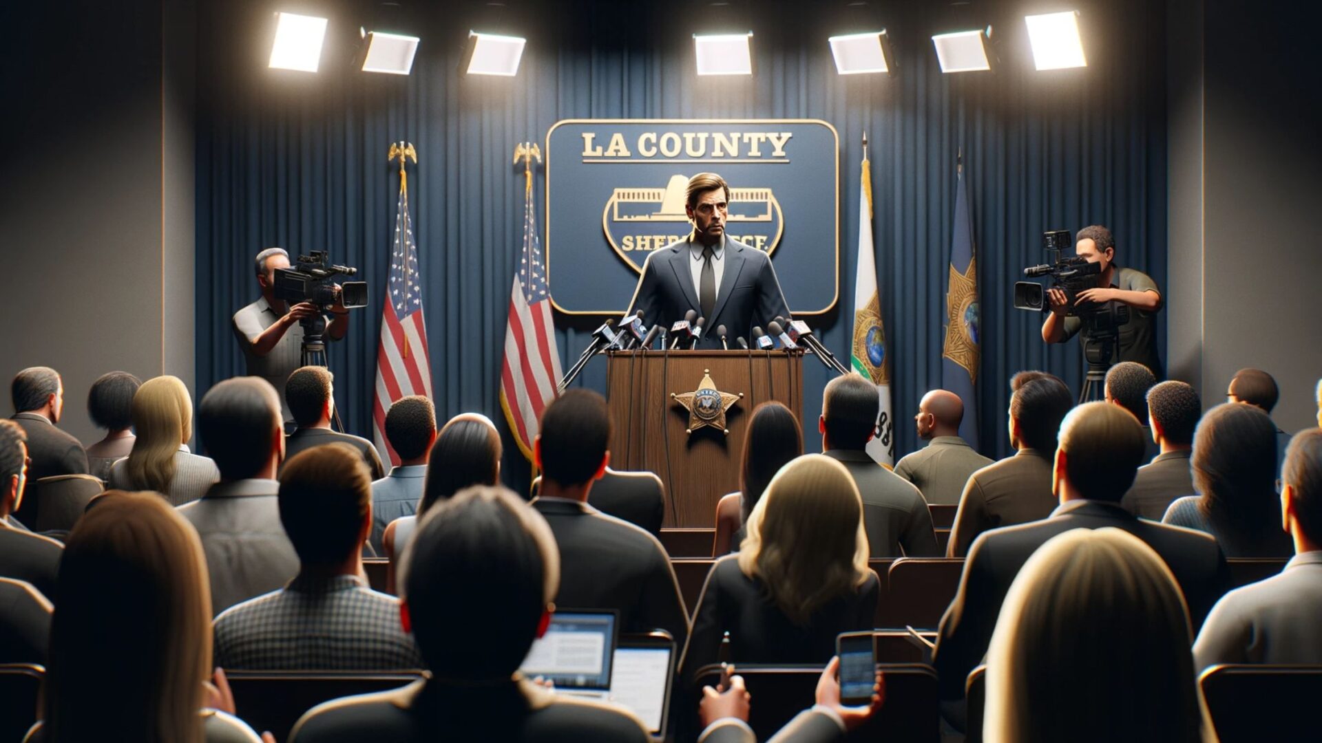 The image shows a middle-aged man at a podium, addressing journalists, with a backdrop that reads 