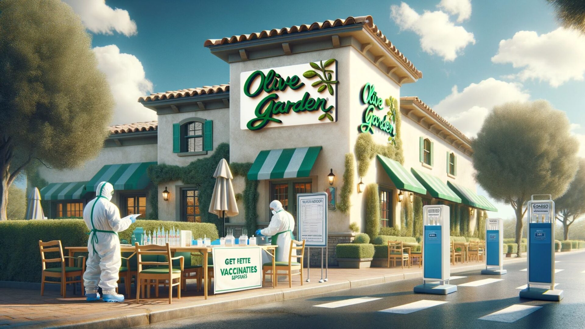 visually represents a news article about a Hepatitis A case at a Deptford Olive Garden and the urgent vaccination call that followed.