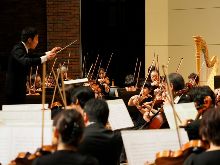 An orchestra conductor directs musicians during a performance.